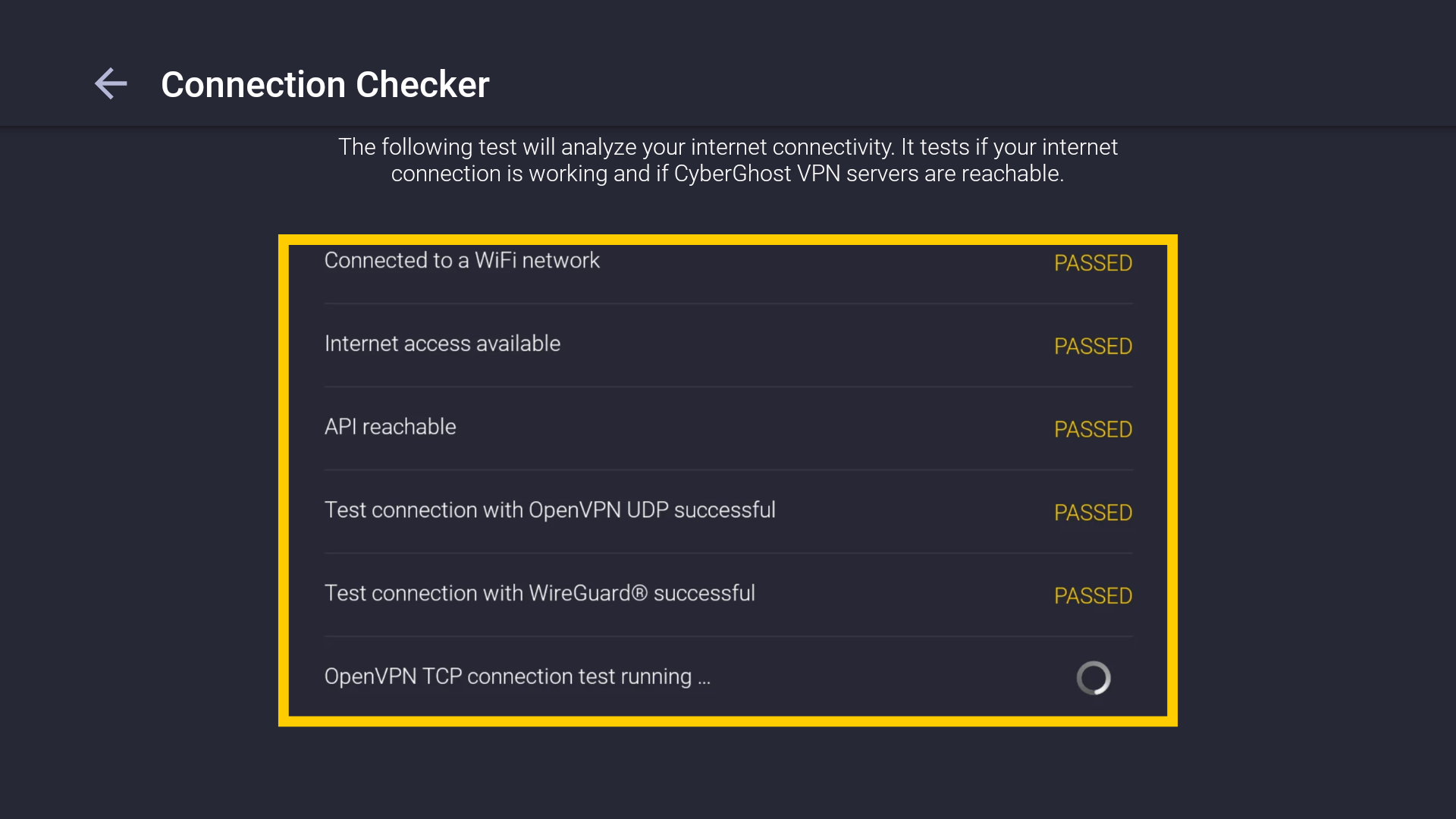 L'écran de résultats de l'outil Connection Checker, avec un encadré jaune mettant en évidence une liste de tests de connectivité.