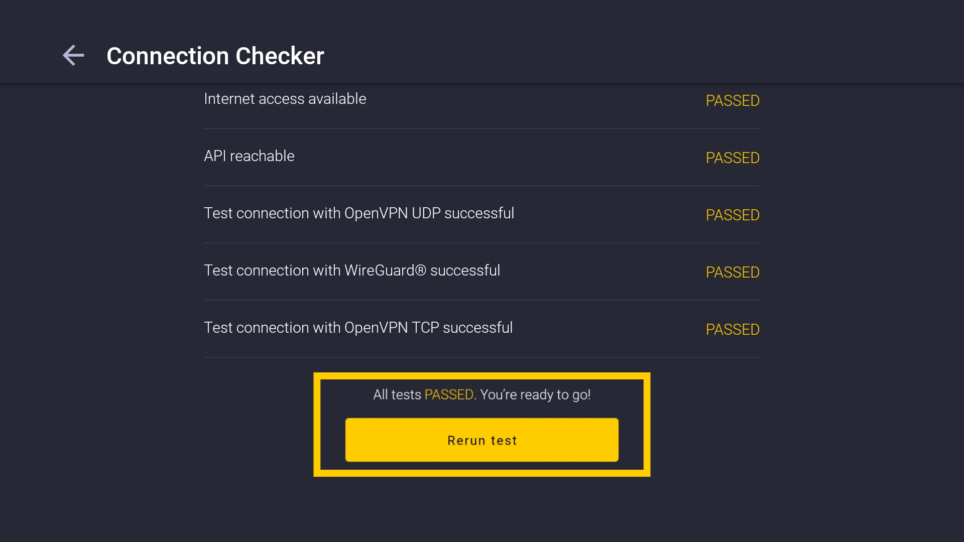 L'écran de résultats final de l'outil Connection Checker, avec un encadré jaune indiquant que tous les tests ont été réussis, et un bouton Relancer le test.