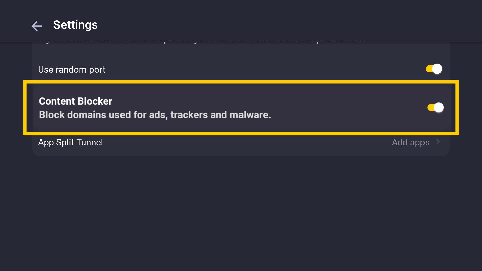 Le menu des Paramètres VPN, avec un encadré jaune mettant en évidence l'option Bloquer le contenu.