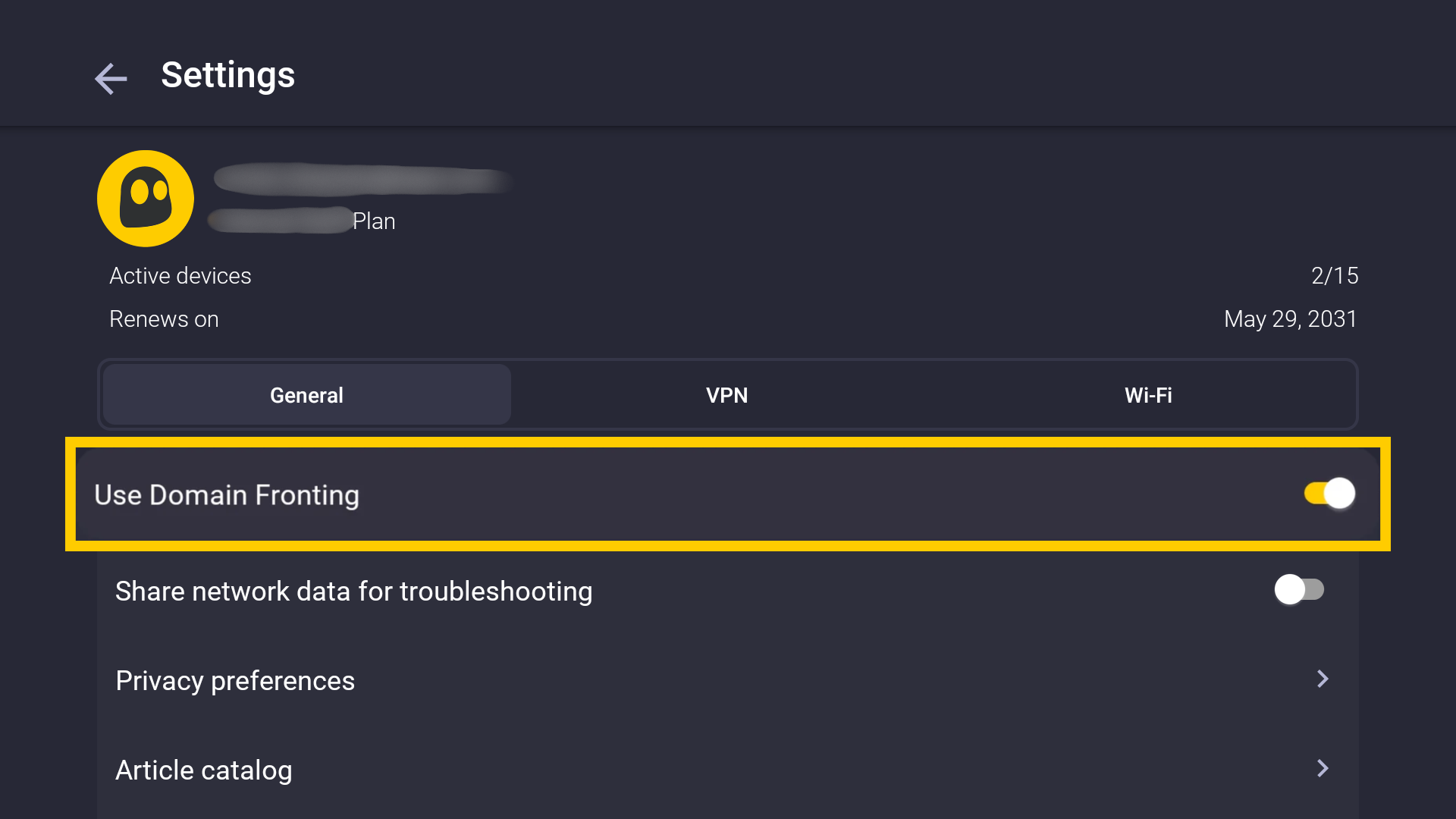 Le menu des paramètres Général, avec un encadré jaune mettant en évidence l'option Utiliser le domain fronting.