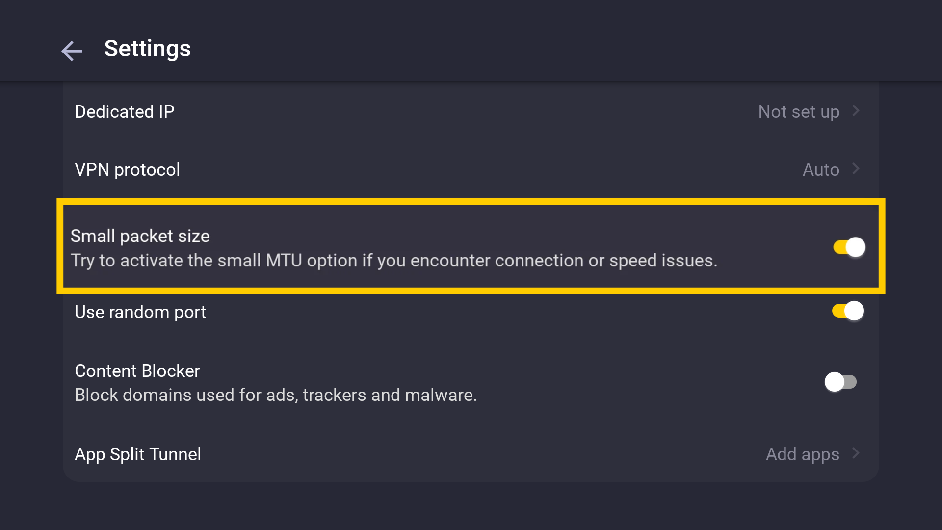 Le menu des paramètres VPN, avec un encadré jaune mettant en évidence l'option Réduire la taille des paquets.