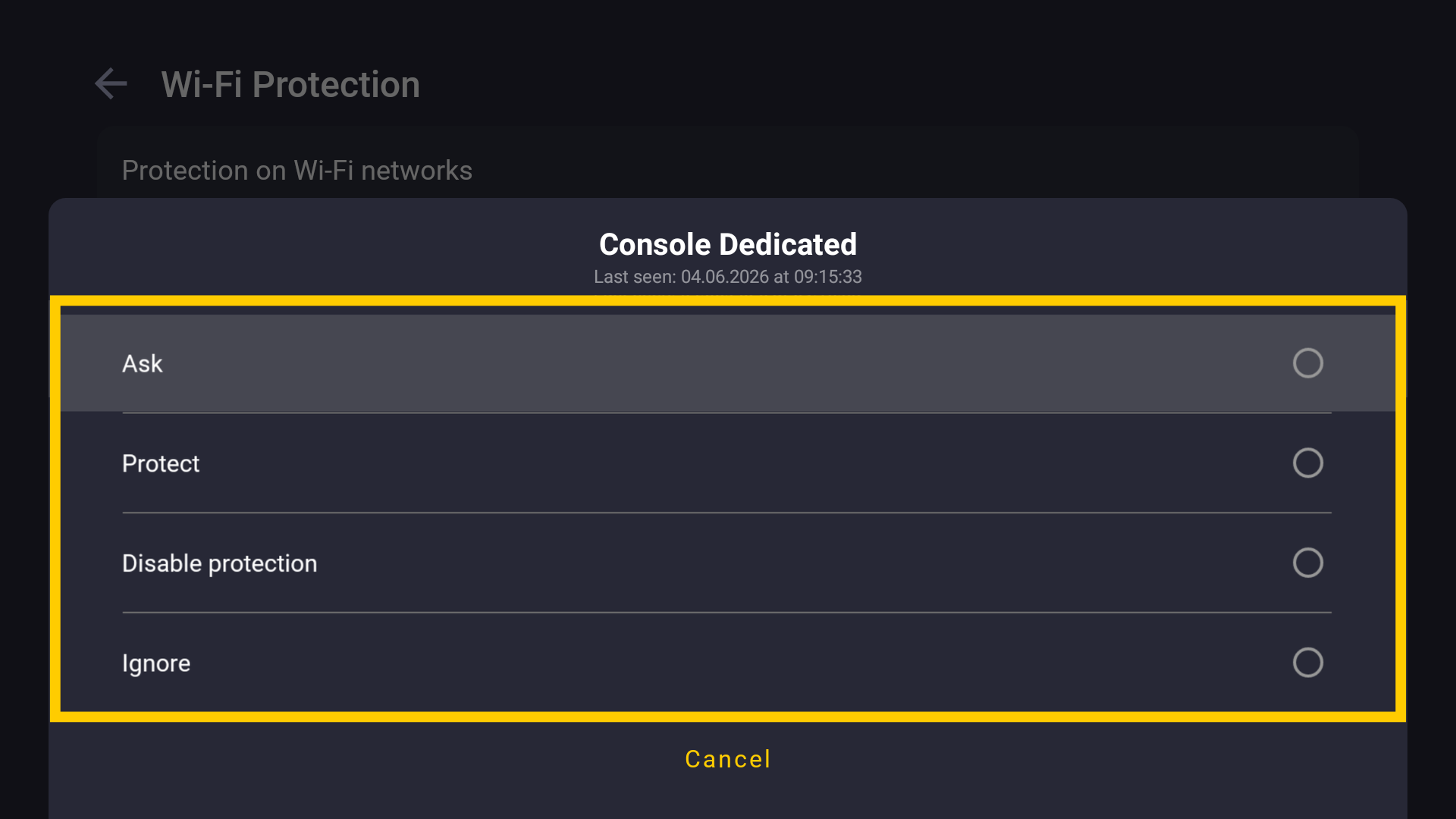 Un menu contextuel de configuration pour un réseau appelé Console Dedicated, avec un encadré jaune mettant en évidence de nombreux paramètres de protection.