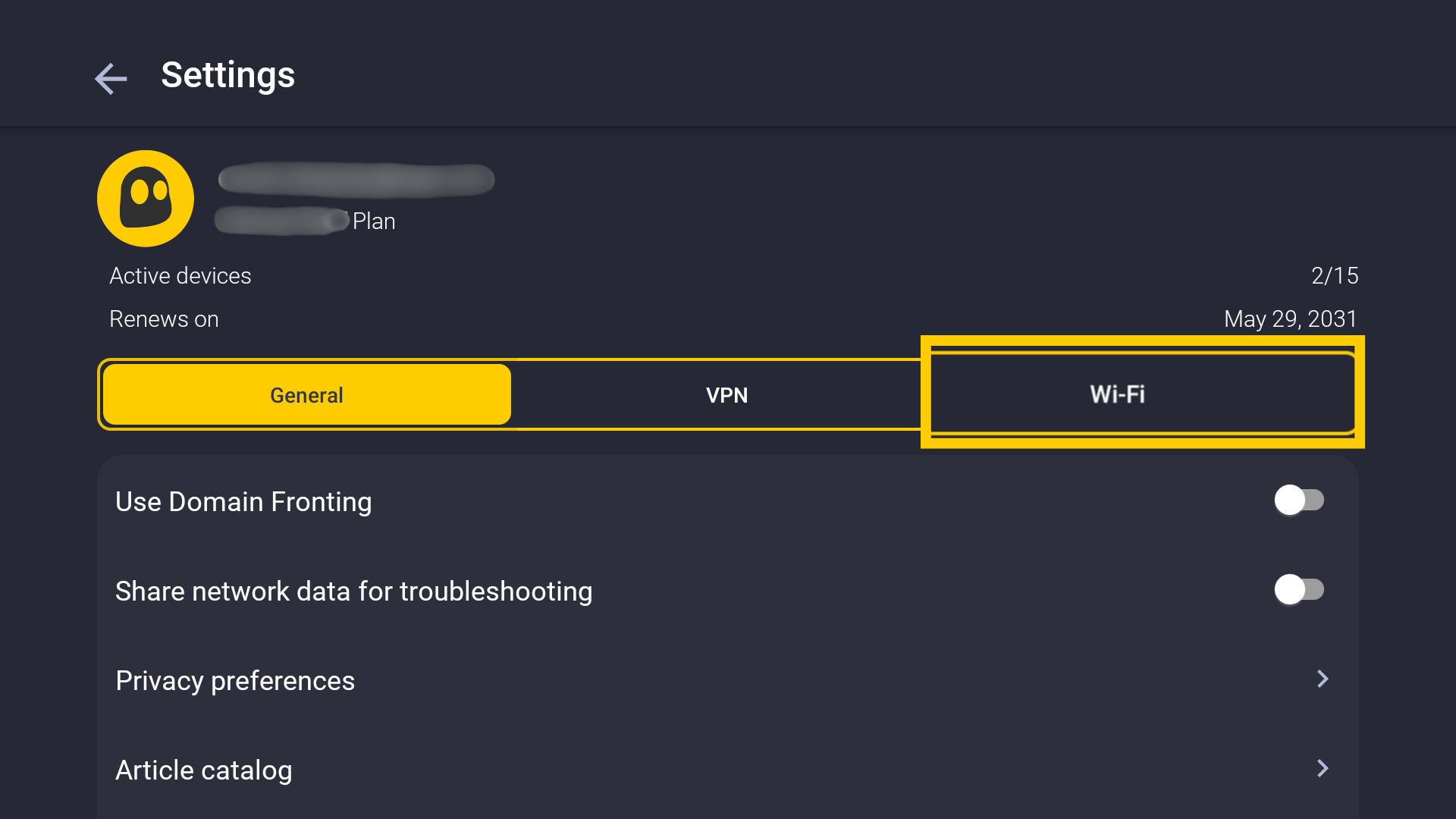 Menu Paramètres avec l'onglet Wi-Fi encadré en jaune.
