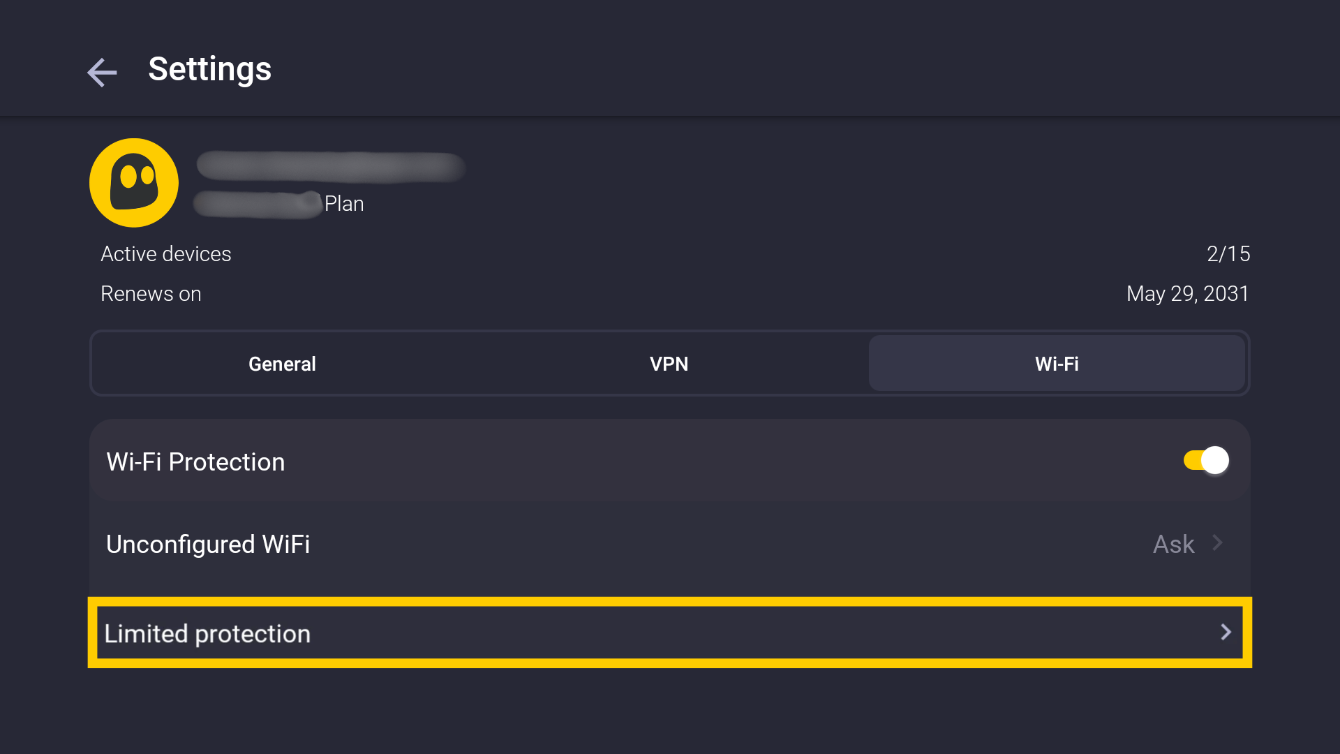 L'onglet des paramètres Wi-Fi avec un encadré jaune mettant en évidence l'option Protection limitée.