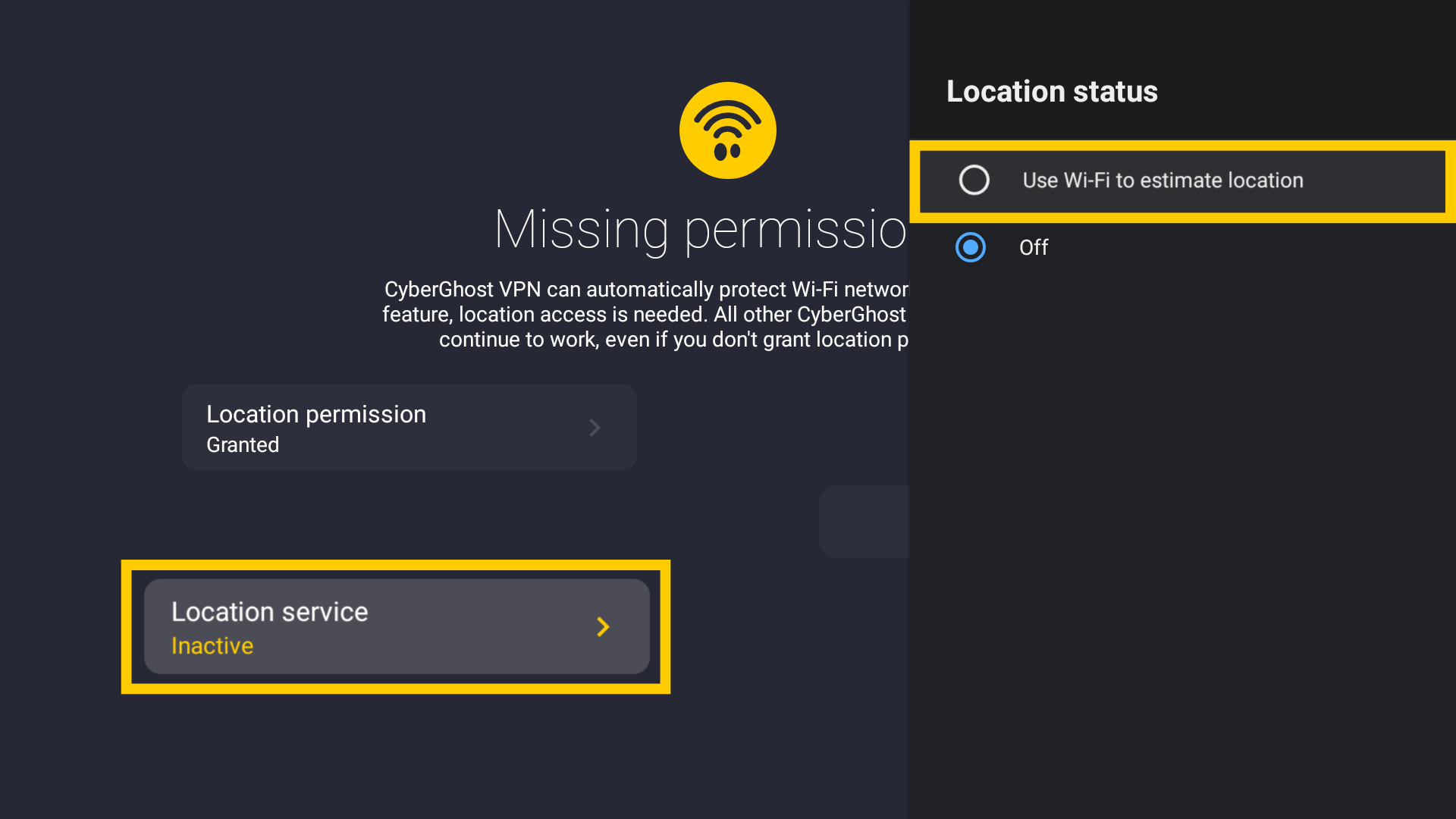 L'écran Autorisations manquantes avec un menu en superposition mettant en évidence les options Service de localisation.