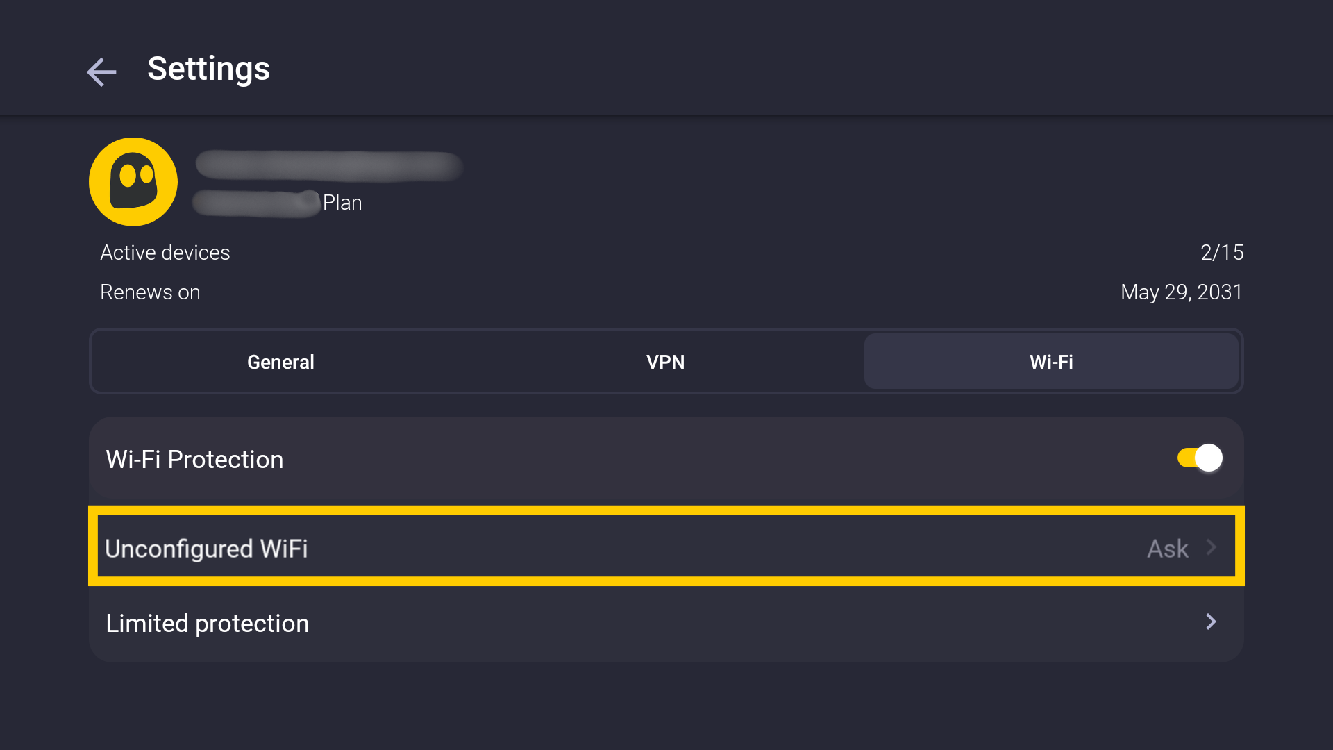 L'onglet des paramètres Wi-Fi avec un encadré jaune mettant en évidence l'option Wi-Fi non configuré.