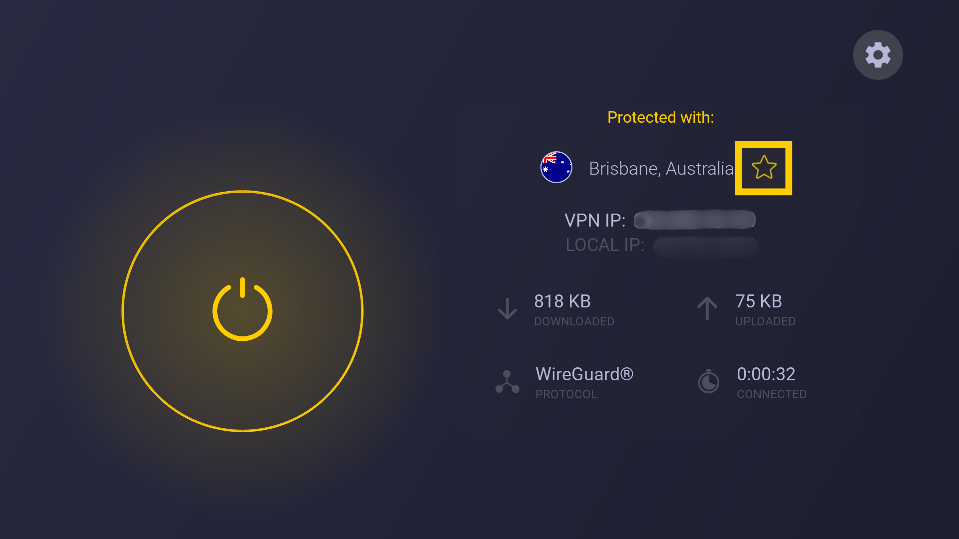 Tableau de bord de CyberGhost VPN affichant une connexion active vers Brisbane, en Australie, avec un encadré jaune mettant en évidence l'étoile des Favoris.