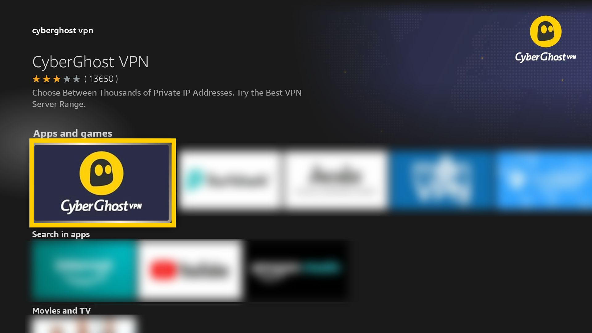CyberGhost VPN sur la page de recherche d'Amazon TV.