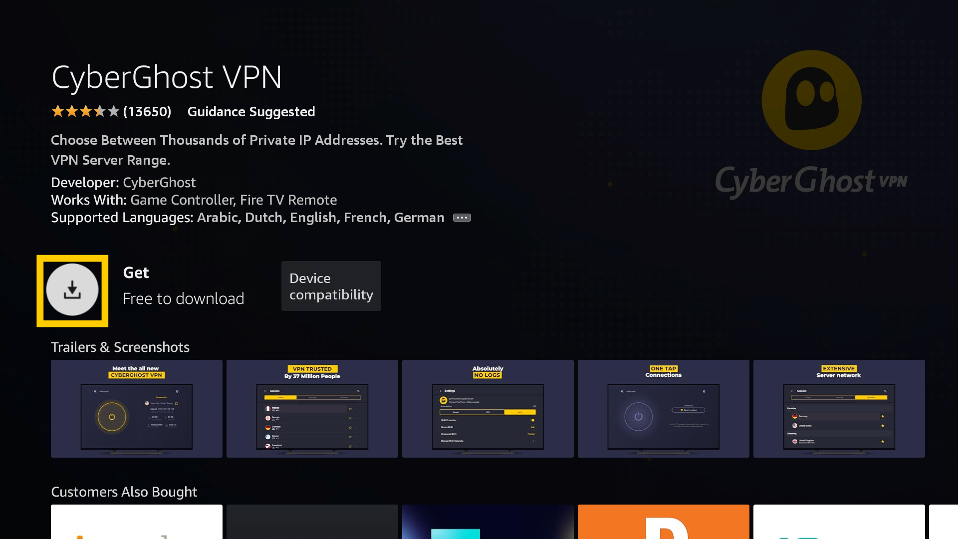 Bouton pour obtenir CyberGhost VPN sur l'Amazon Appstore.