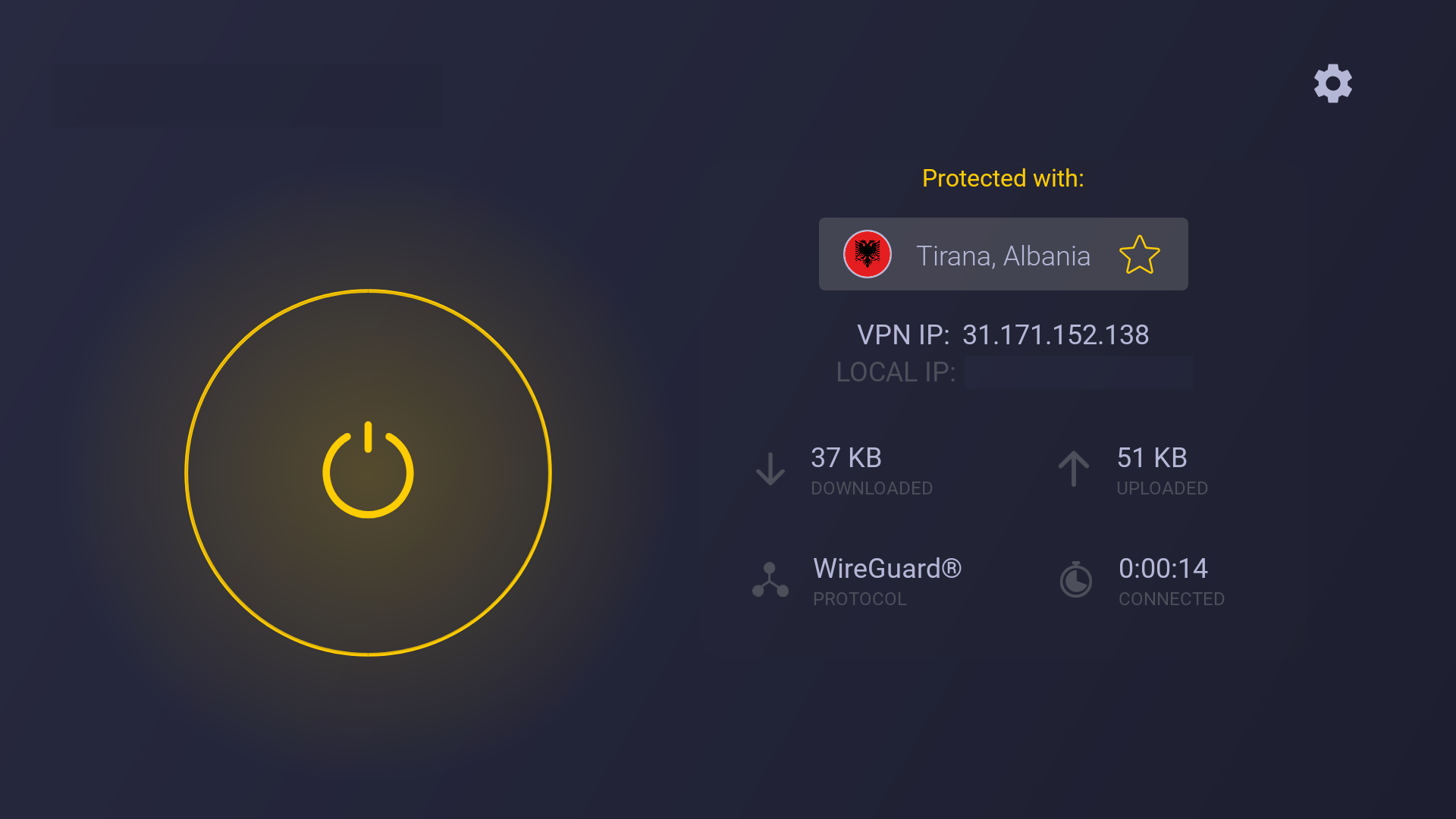 CyberGhost VPN sur Amazon Fire TV, avec l'écran principal connecté à un serveur en Albanie.