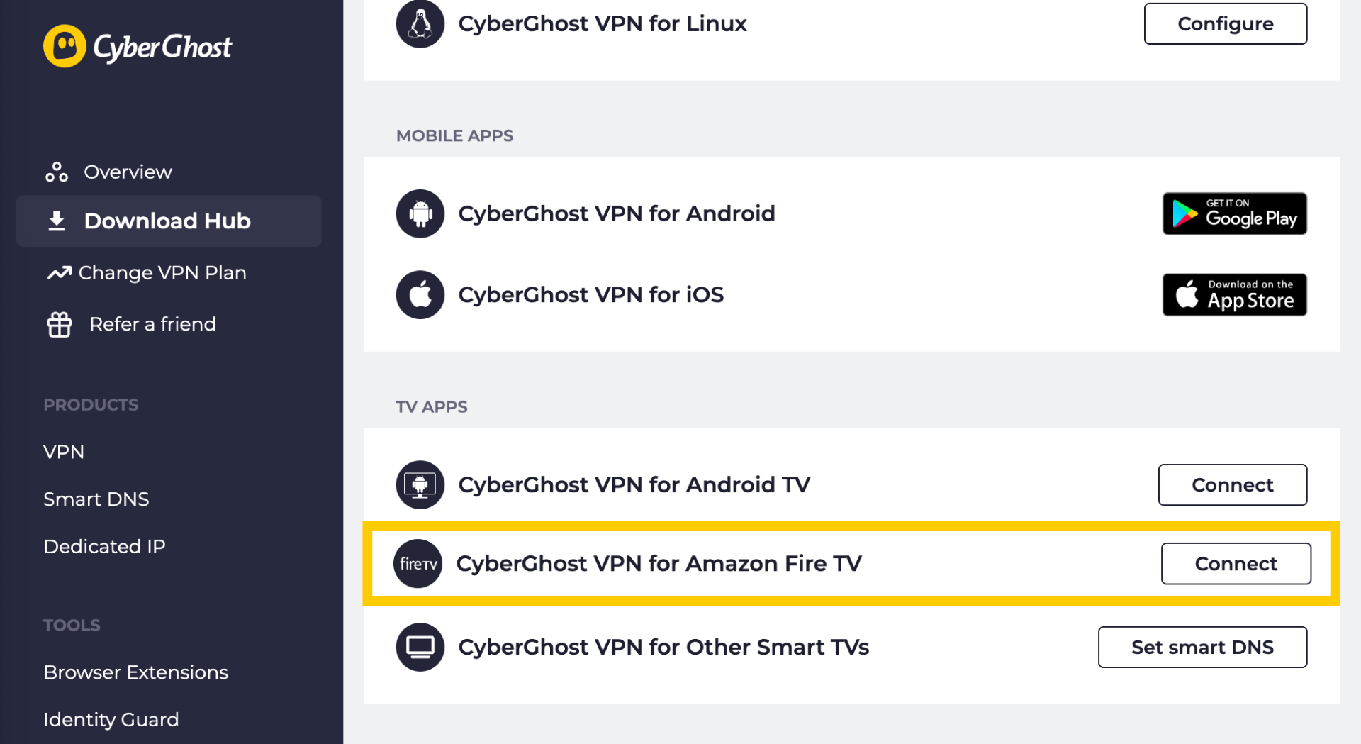 Download-Hub von CyberGhost, wobei „CyberGhost VPN für Amazon Fire TV“ hervorgehoben ist.