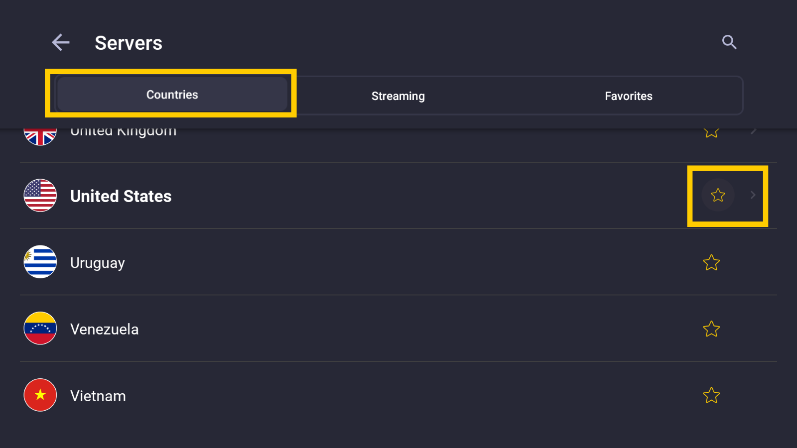 CyberGhost country selection list containing the star button used to favorite the United States