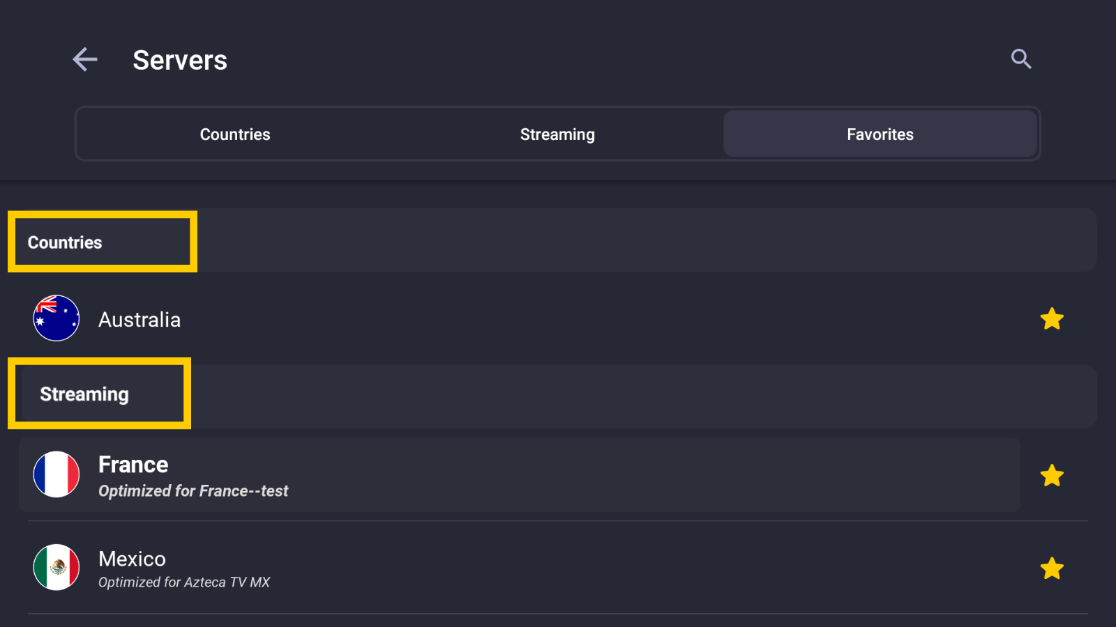 CyberGhost favorite server tab showing both normal server countries and streaming-optimized server countries