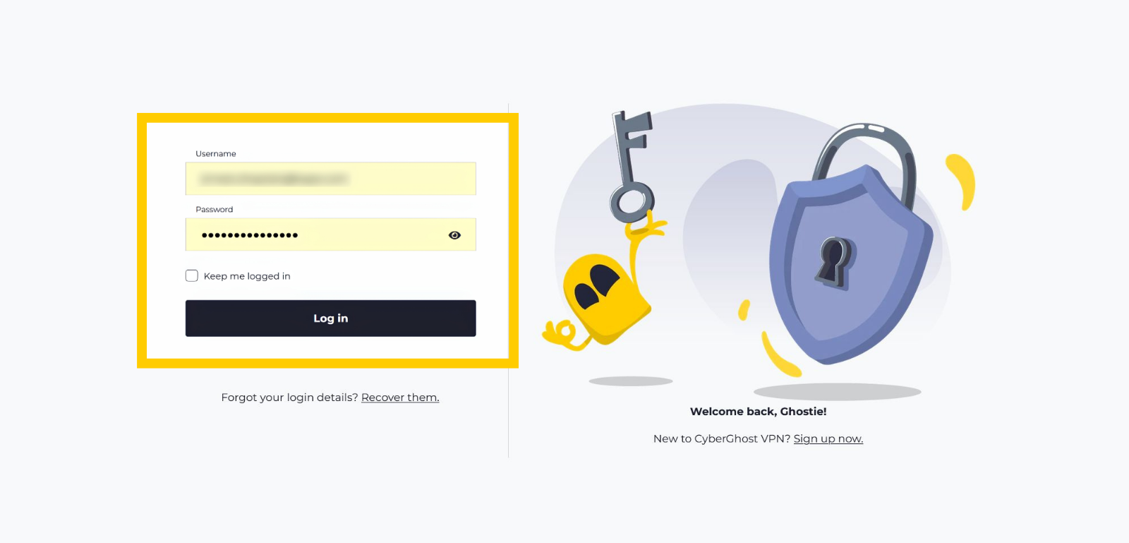 Écran de connexion de CyberGhost VPN, avec les champs nom d'utilisateur et mot de passe entourés d'un cadre jaune.