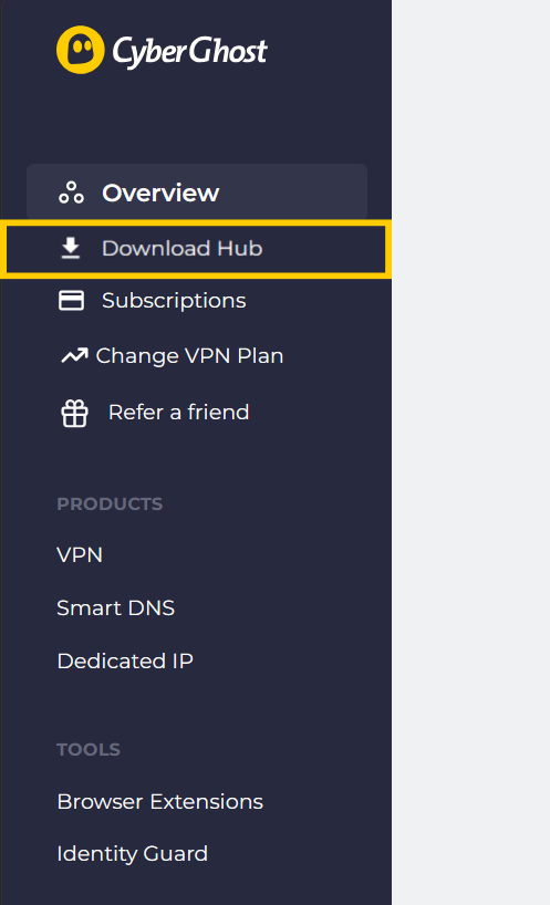 Barre latérale du compte CyberGhost, avec l'option Download Hub mise en évidence dans un encadré jaune.
