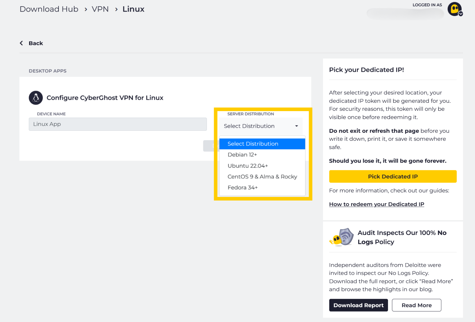 L'écran Configurer CyberGhost VPN pour Linux, avec le menu déroulant Distribution du serveur entouré d'un cadre jaune.