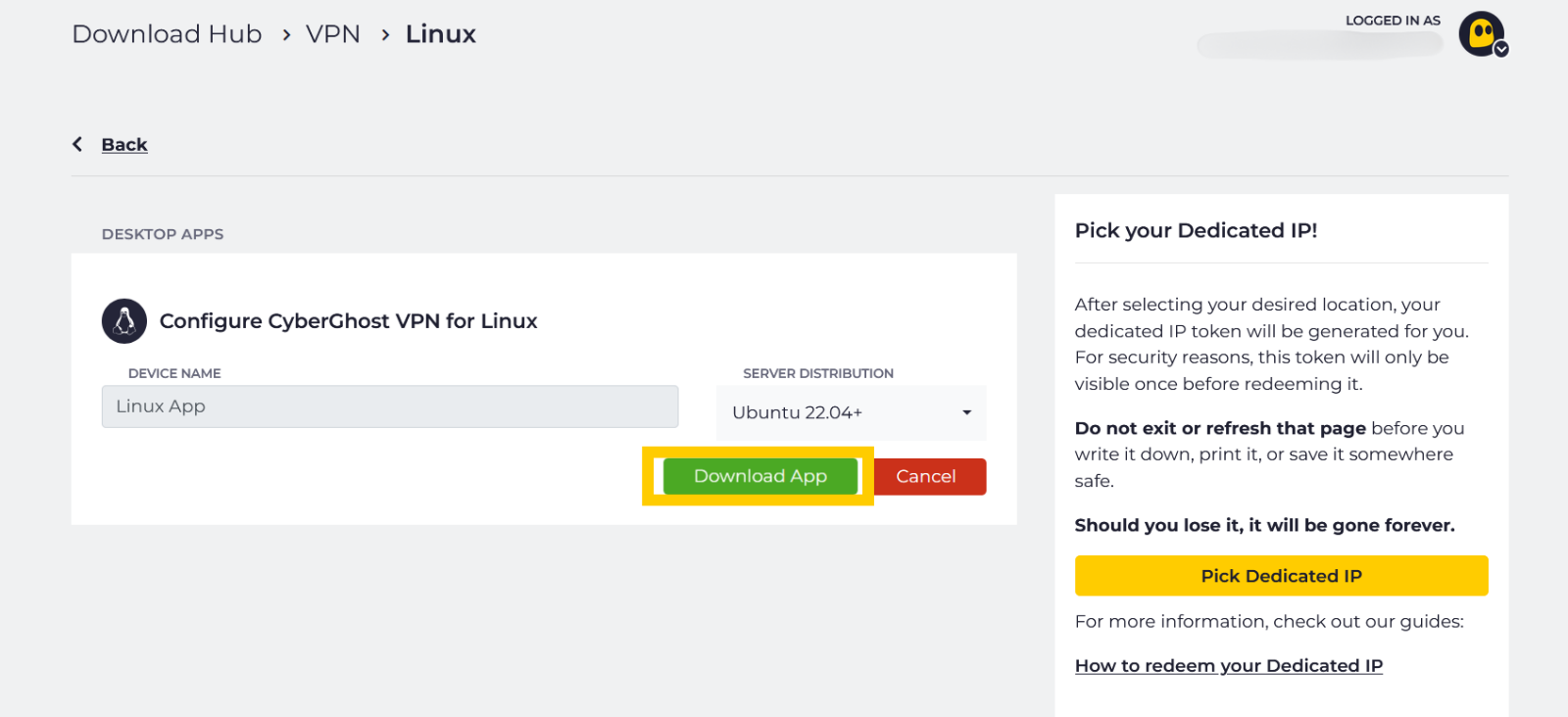 L'écran Configurer CyberGhost VPN pour Linux, avec le bouton Télécharger l'application entouré d'un cadre jaune.