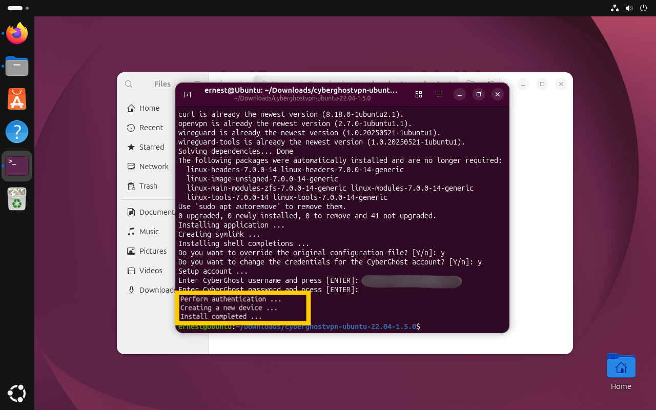Fenêtre de Terminal affichant les dernières étapes du processus d'installation de CyberGhost.