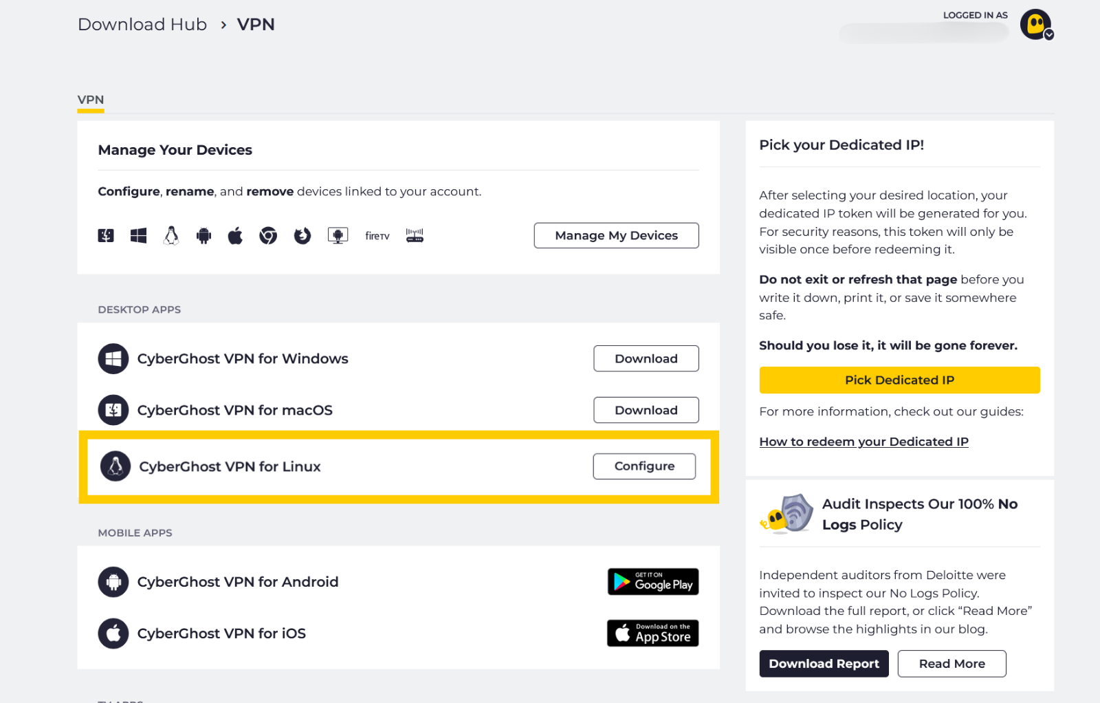 Die „Download Hub“-Seite von CyberGhost VPN, auf der „CyberGhost VPN für Linux“ in einem Rahmen Kasten hervorgehoben ist.