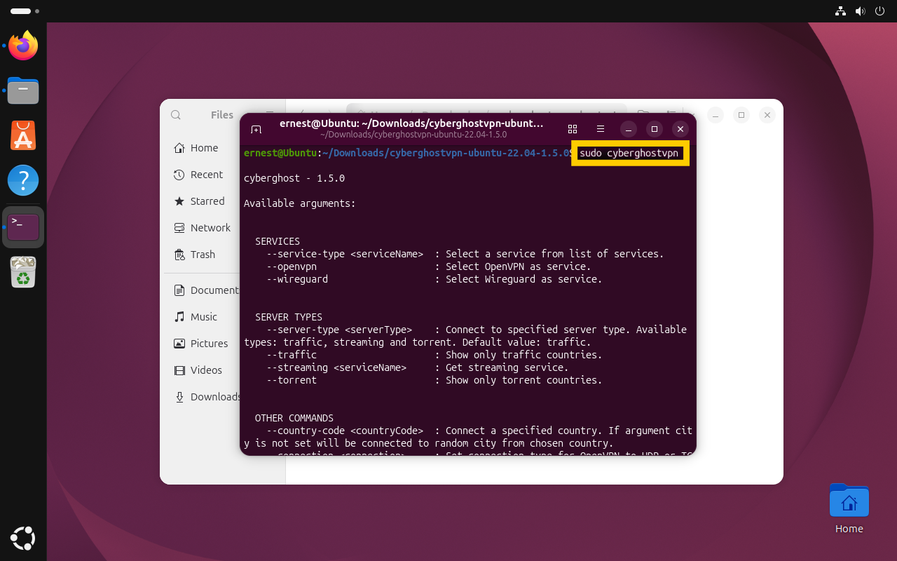 Das Terminalfenster, in dem die verfügbaren CLI-Argumente für CyberGhost angezeigt werden, wobei der Befehl „sudo cyberghostvpn“ oben mit einem gelben Rahmen hervorgehoben ist.