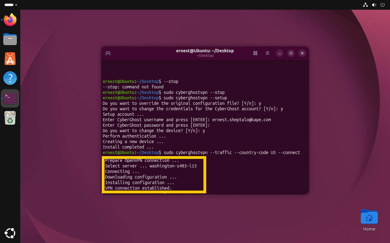 Fenêtre de Terminal sous Ubuntu affichant le résultat d'une séquence de connexion réussie.