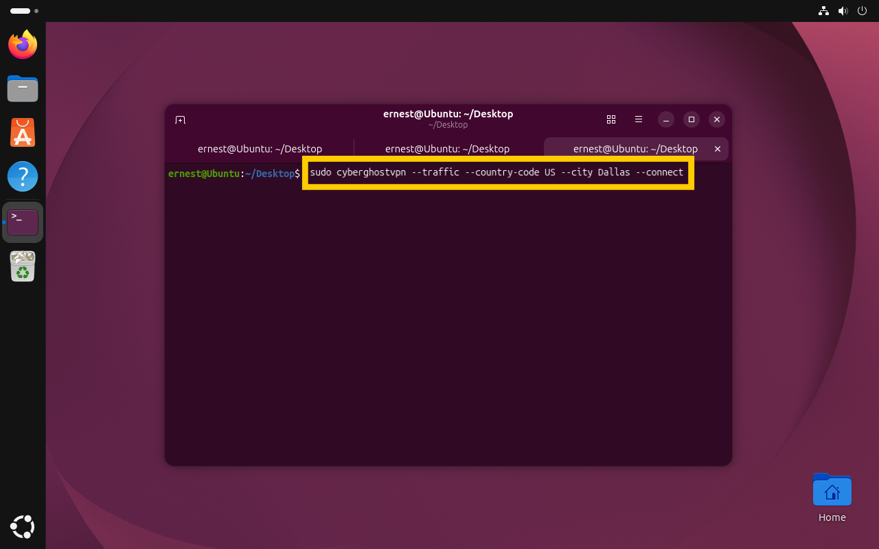 Fenêtre de Terminal avec la commande sudo cyberghostvpn --traffic --country-code US --city Dallas --connect mise en évidence dans un encadré jaune.