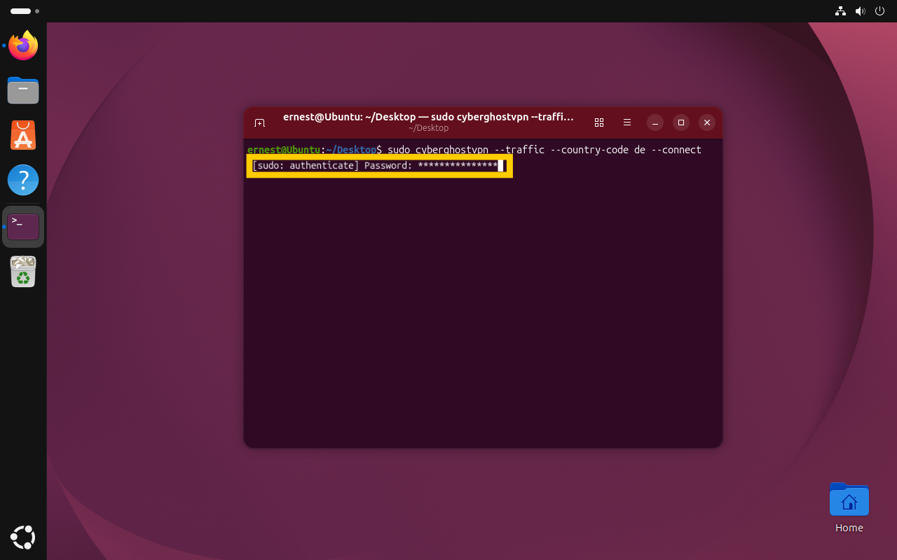 Ein Terminalfenster auf einem Ubuntu-Desktop, in dem eine Passwortabfrage für die sudo-Authentifizierung angezeigt wird.