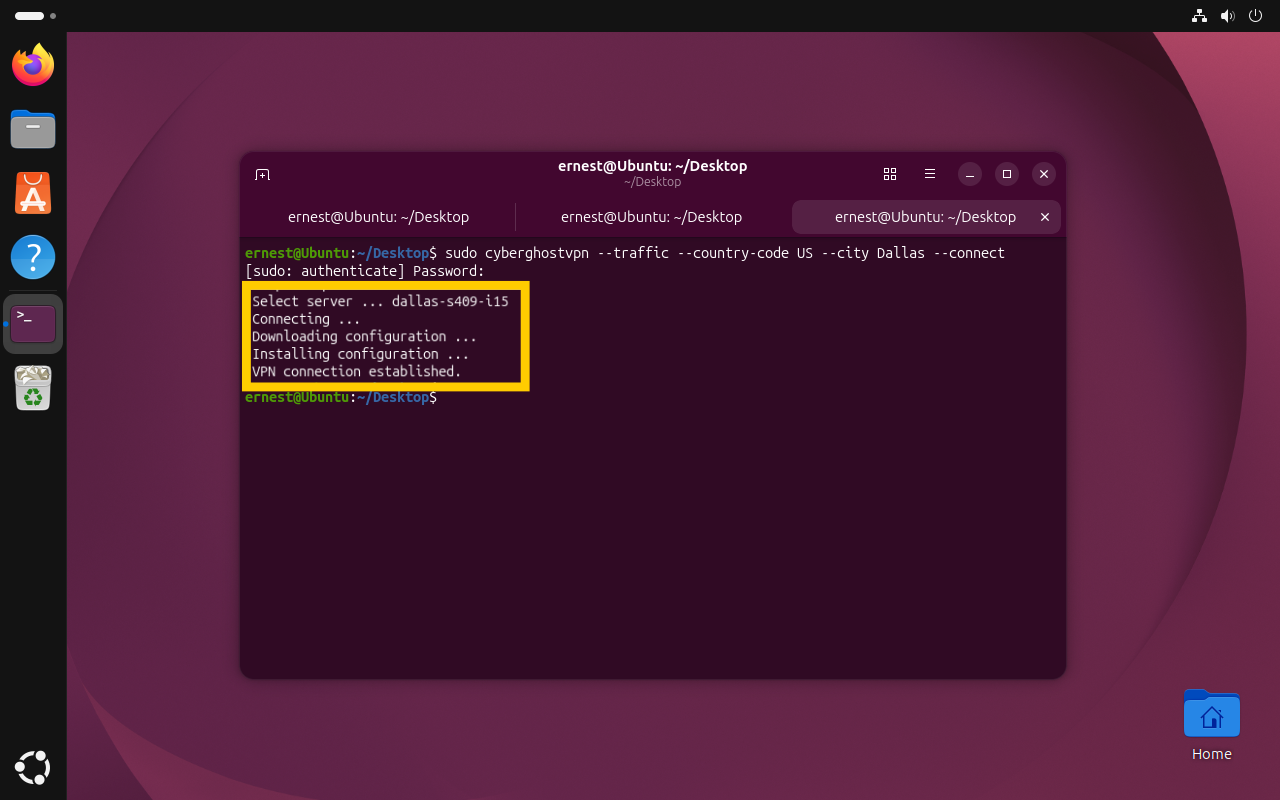 Ein Terminalfenster, das eine erfolgreiche VPN-Verbindung bestätigt.