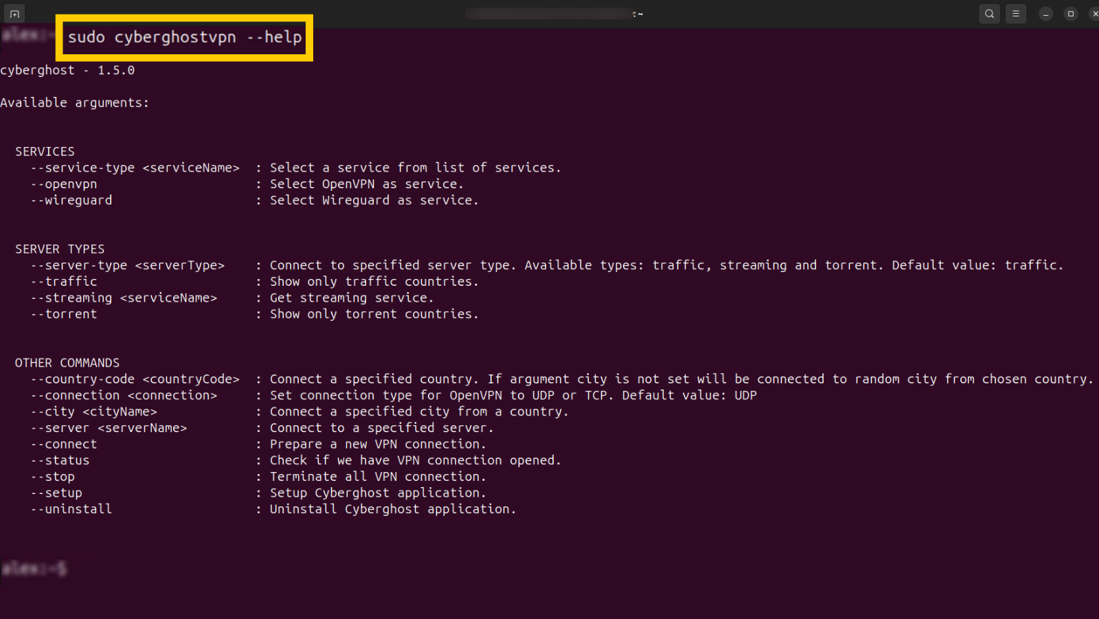 Terminal affichant la commande CLI pour lister les commandes CyberGhost.