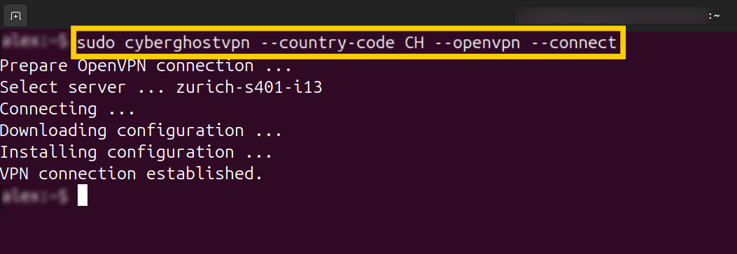 Terminal affichant la commande CyberGhost pour se connecter à un pays via OpenVPN.