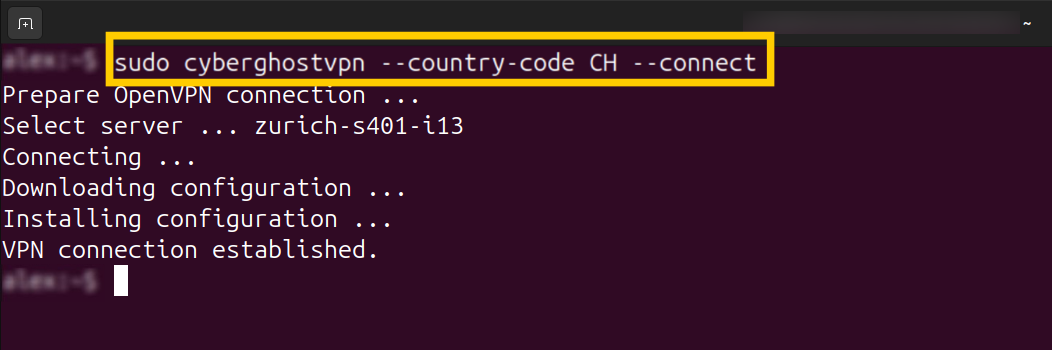 Terminal mit dem Befehl „CyberGhost connect“.