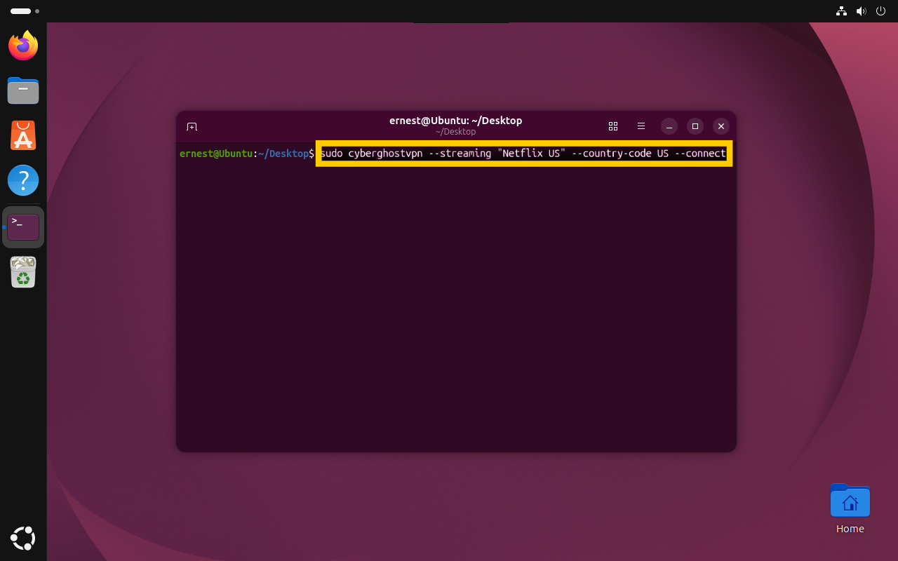 Menu des applications d'Ubuntu, avec l'application Terminal mise en évidence dans un cadre jaune.