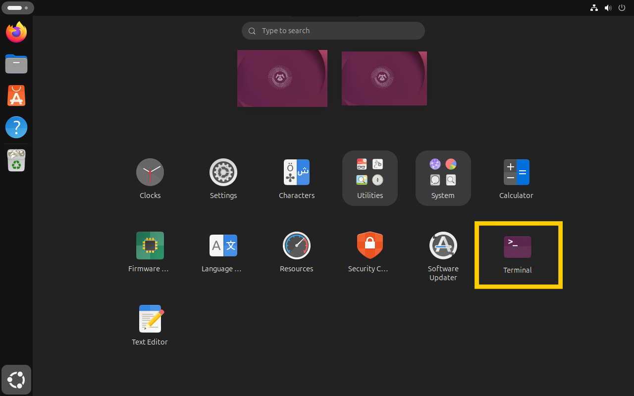 Das Ubuntu-Anwendungsmenü, in dem das Symbol „Terminal“ mit einem gelben Rahmen hervorgehoben ist.