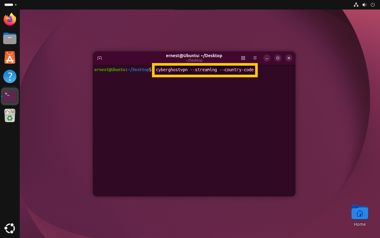 Ein Linux-Terminalfenster, in dem der Befehl „cyberghostvpn --streaming --country-code“ in einem gelben Kasten hervorgehoben ist.