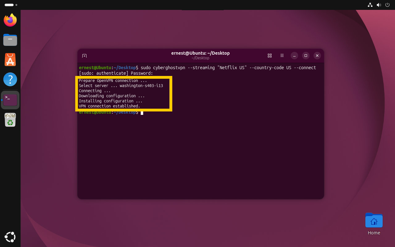 Ein Linux-Terminalfenster, in dem der Text einer erfolgreichen Verbindung angezeigt wird, wobei die Statusmeldungen in einem gelben Kasten hervorgehoben sind.