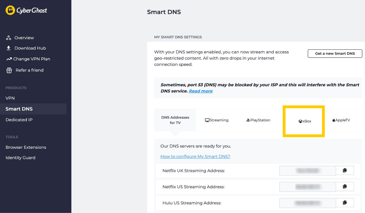 The "Xbox" option in the Smart DNS tab in the CyberGhost VPN account dashboard.
