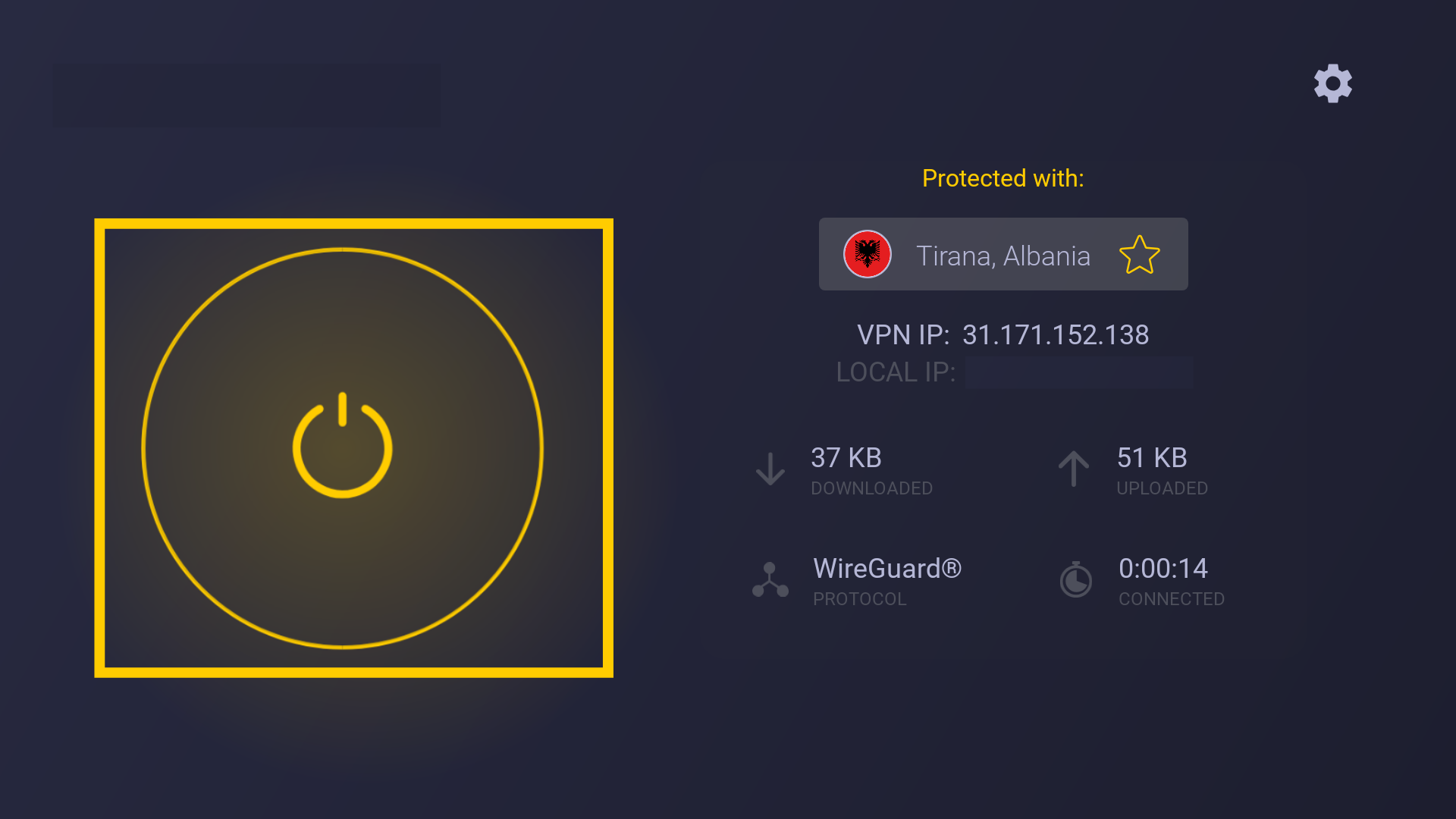 Die Ein-/Aus-Schaltfläche ist hervorgehoben, während eine Verbindung zu einem CyberGhost-VPN-Server besteht