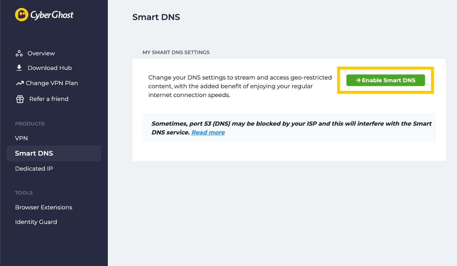 CyberGhost VPN account page showing Enable Smart DNS highlighted.