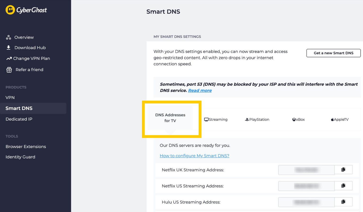 L'onglet Smart DNS dans le tableau de bord de compte CyberGhost VPN sur ordinateur. La catégorie Adresses DNS pour TV est mise en évidence.