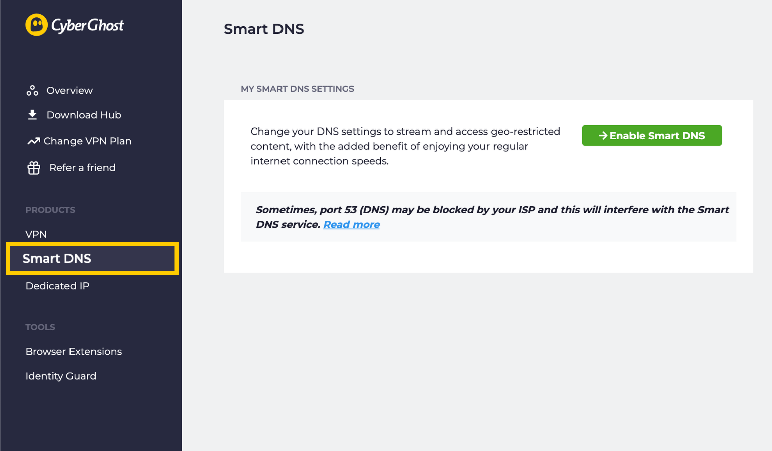 Tableau de bord de compte CyberGhost VPN sur ordinateur. L'onglet Smart DNS est mis en évidence.