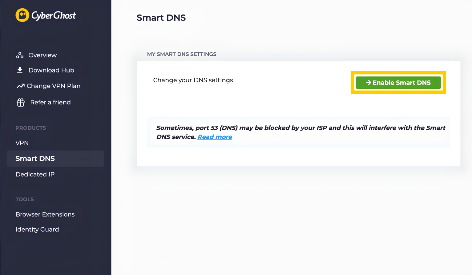 L'onglet Smart DNS dans le tableau de bord du compte CyberGhost VPN sur ordinateur. Le bouton Activer Smart DNS est mis en évidence.