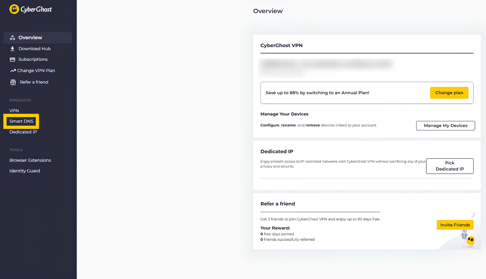 Tableau de bord du compte CyberGhost VPN sur ordinateur. L'onglet Smart DNS est mis en évidence.