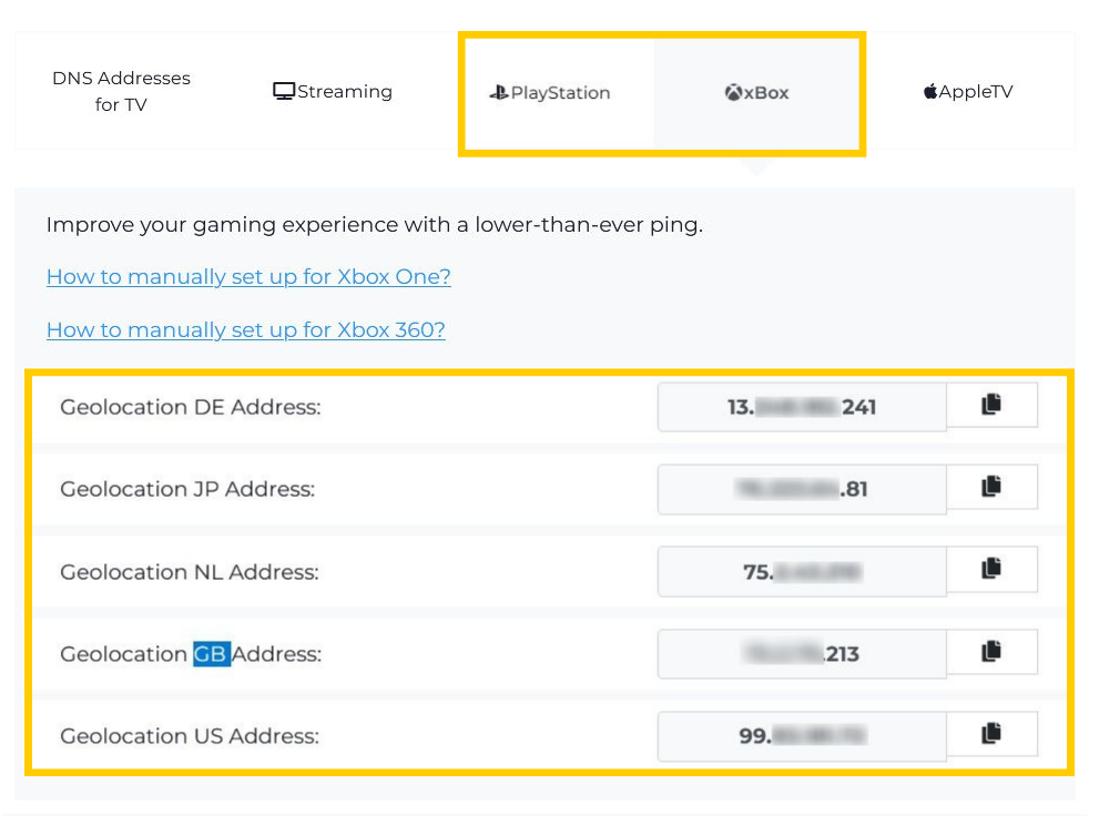 Page des Paramètres DNS de CyberGhost avec l'onglet Xbox mis en évidence dans un cadre jaune, affichant diverses géolocalisations.