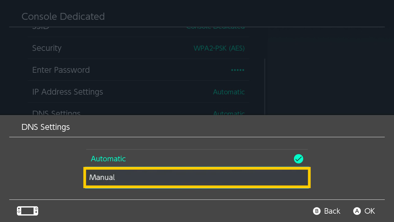 Menu contextuel des Paramètres DNS de la Nintendo Switch, avec l'option Manuel mise en évidence dans un cadre jaune. 