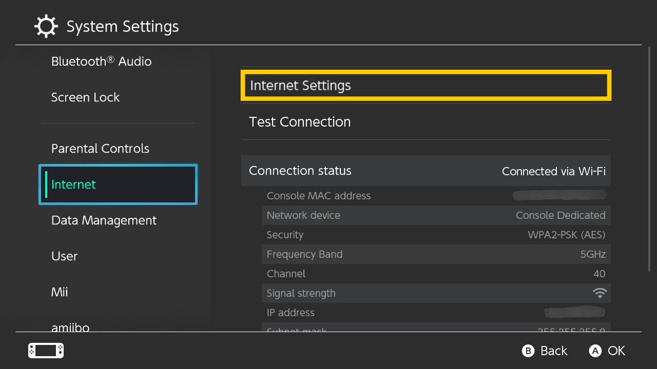 Das Menü „Systemeinstellungen“ der Nintendo Switch mit der Option „Internet-Einstellungen“.