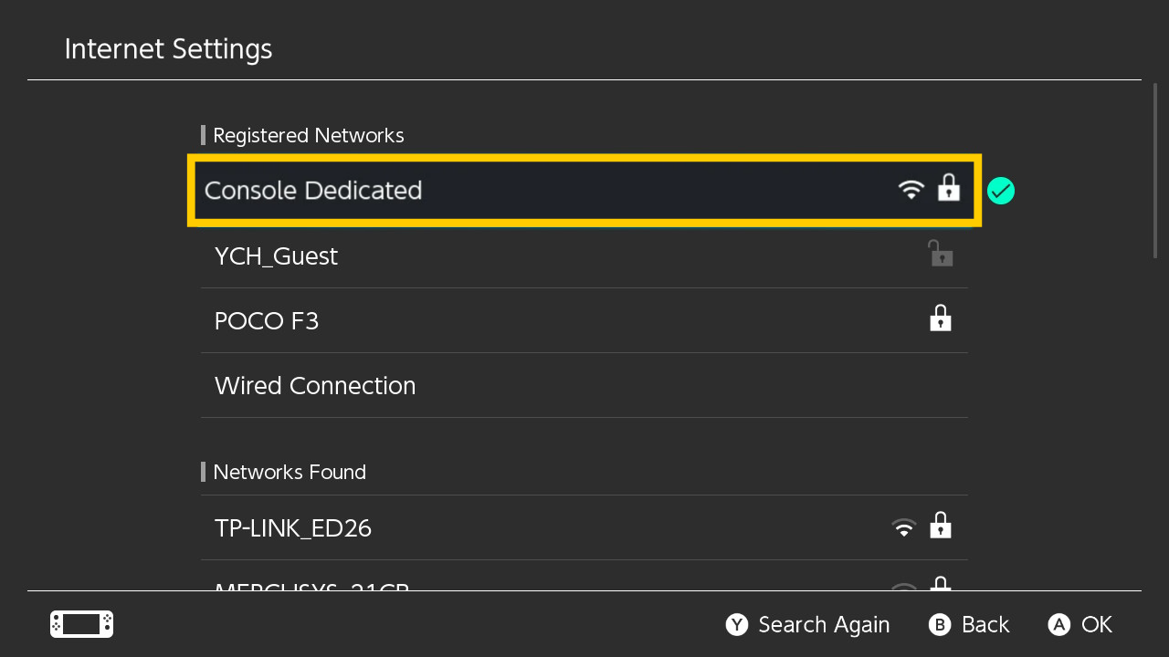 Der Bildschirm „Internet-Einstellungen“ der Nintendo Switch mit einer Liste der Netzwerke.