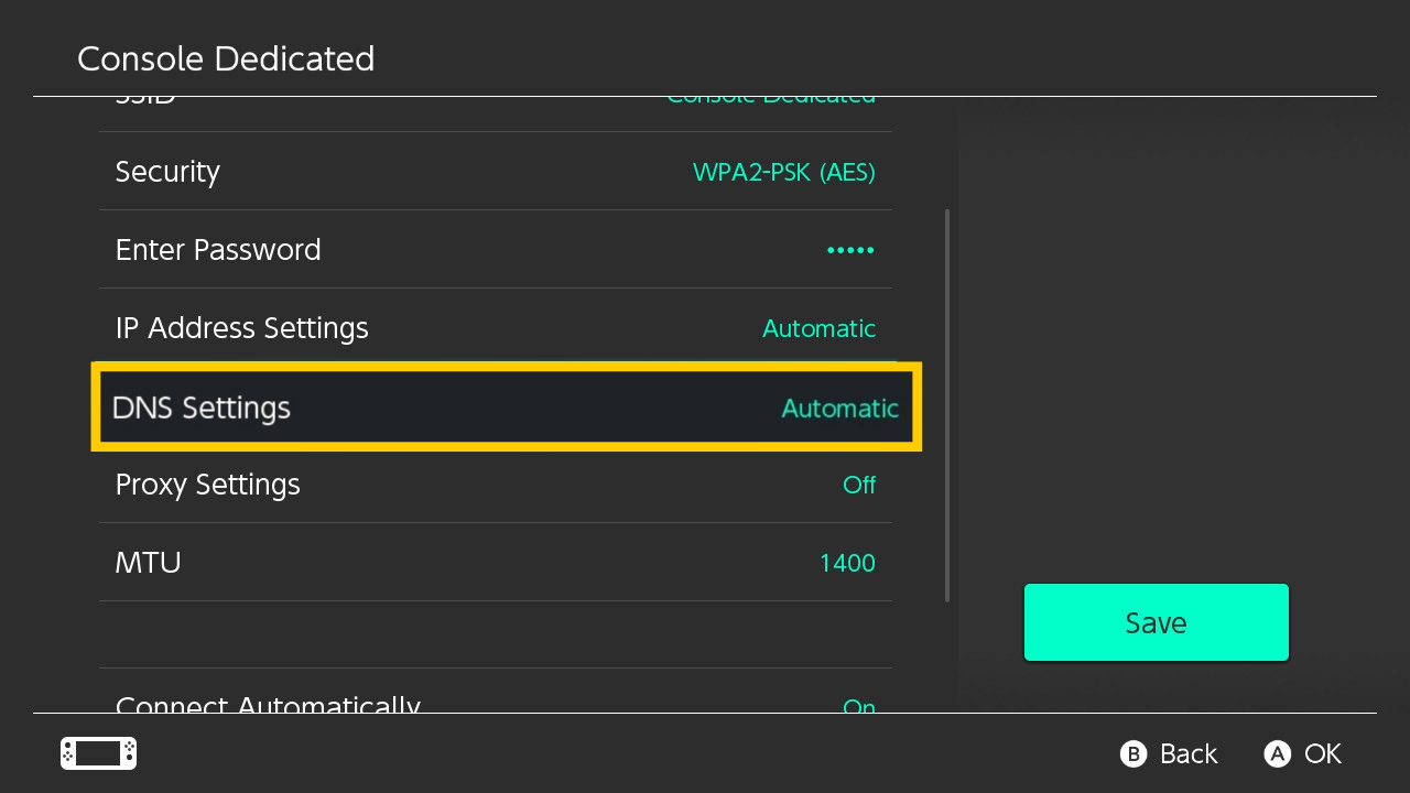 Das Menü „Netzwerkeinstellungen“ der Nintendo Switch, in dem gezeigt wird, wie man die DNS-Einstellungen bearbeitet.