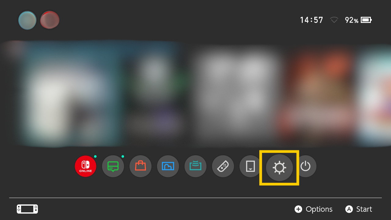 Der Startbildschirm der Nintendo Switch, auf dem das Zahnrad-Symbol für die „Systemeinstellungen“ in einem gelben Rahmen hervorgehoben ist.