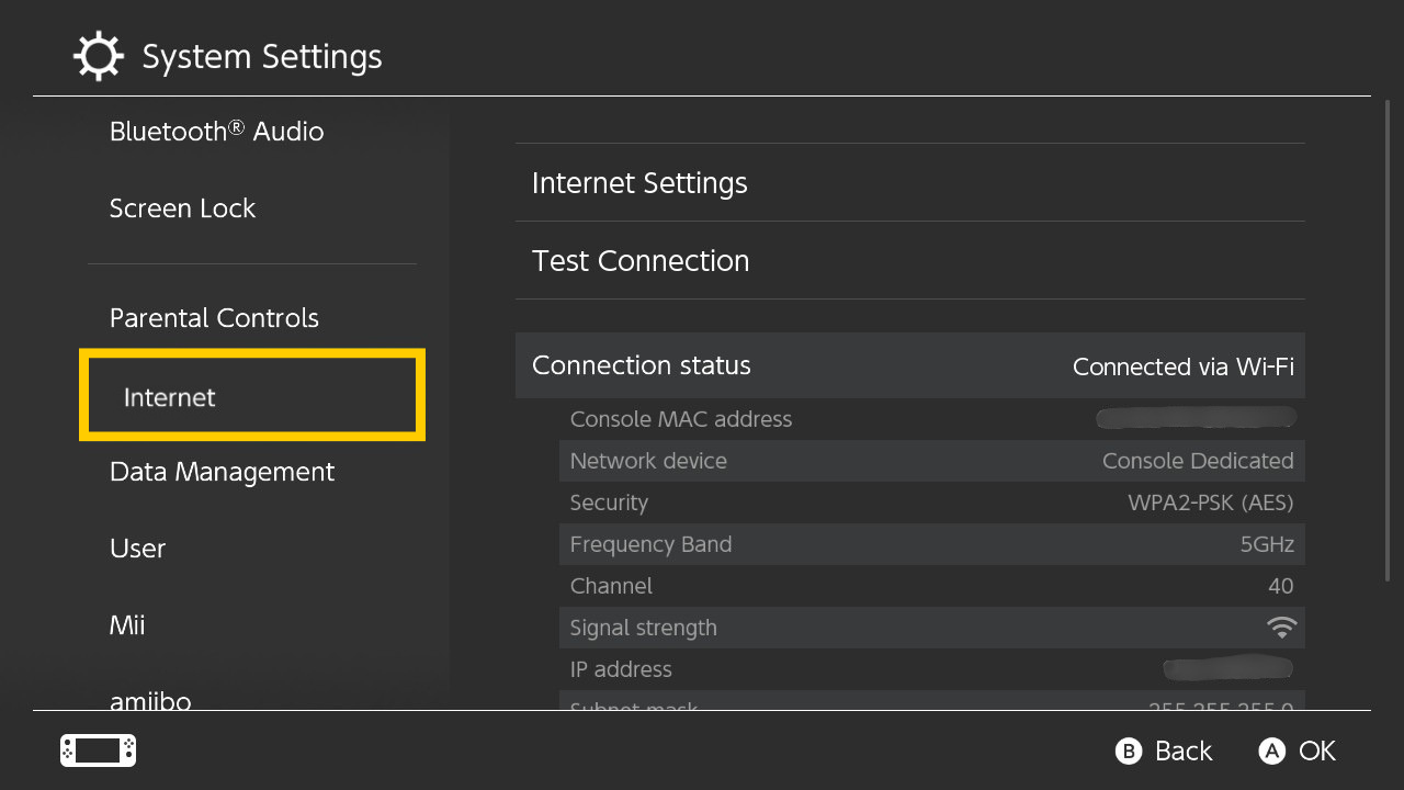 Das Menü „Systemeinstellungen“ der Nintendo Switch, in dem links der Tab „Internet“ hervorgehoben ist.