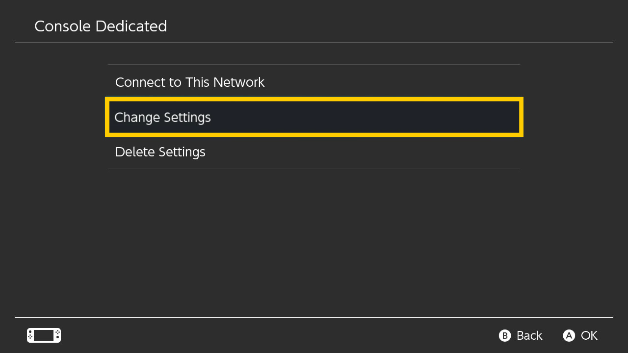 Das „Console Dedicated“-Netzwerkmenü der Nintendo Switch mit der Option „Einstellungen ändern“, die in einem gelben Kasten hervorgehoben ist.